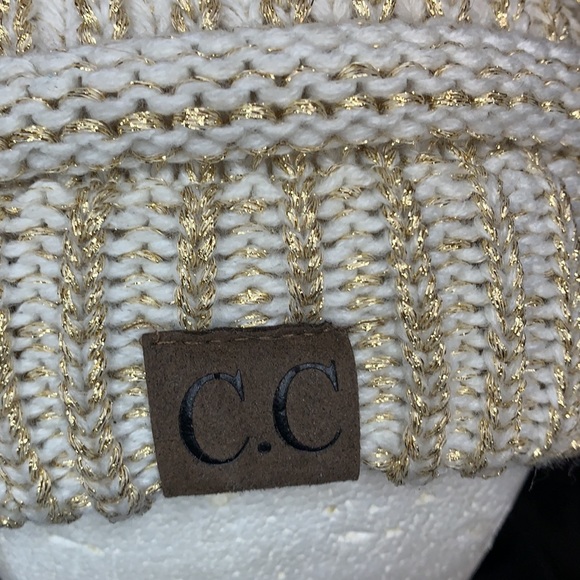 C.C. Womens beanie / Skully ivory and gold metallic cable knit hat - Picture 4 of 8